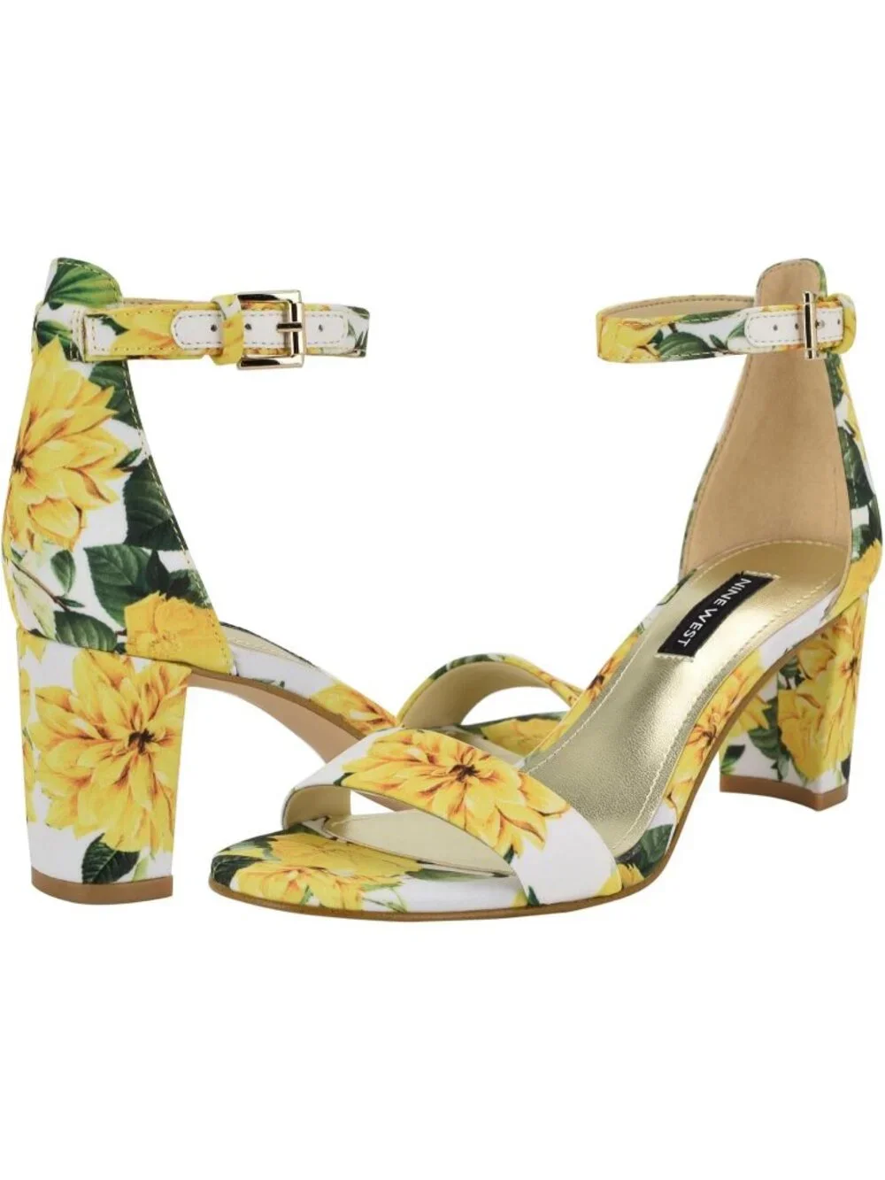 Women's Yellow Rose Floral Round Toe Ankle Strap Wnpruce Heeled Sandal Shoes